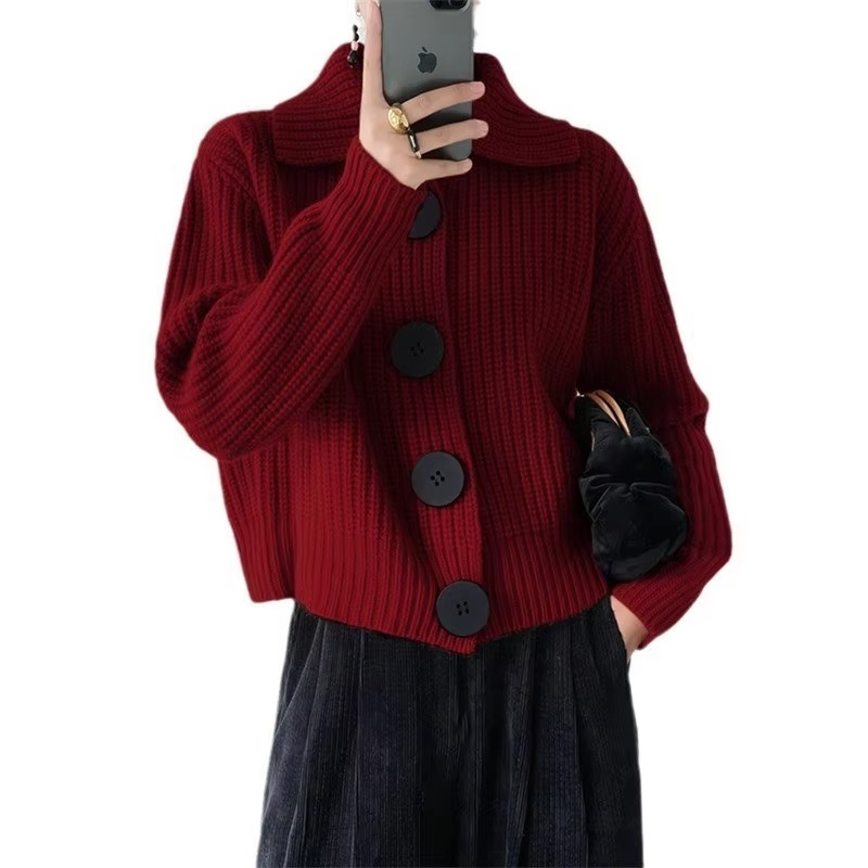 Women's Retro Lapel Knitted Cardigan Sweater with Large Buttons