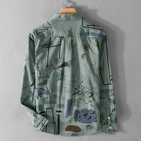 Vintage Graffiti Print Long Sleeve Shirt for Men with Turn Down Collar