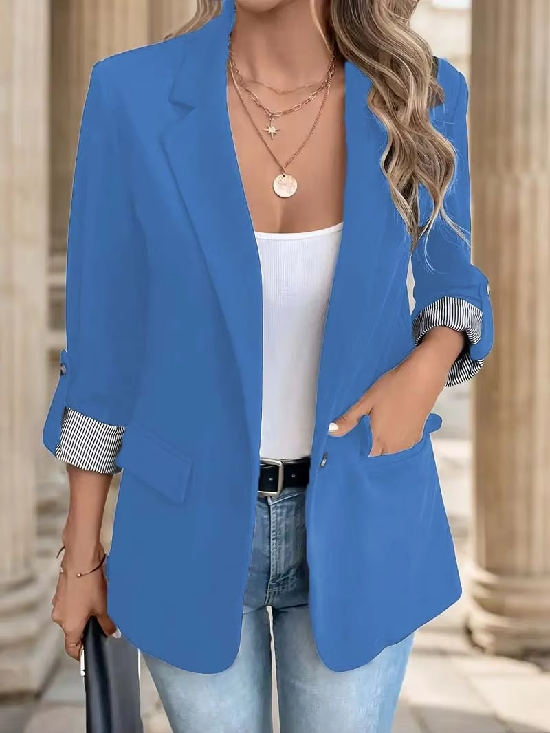 Women's Slim Fit Casual Blazer with Rolled Sleeves and Button Front