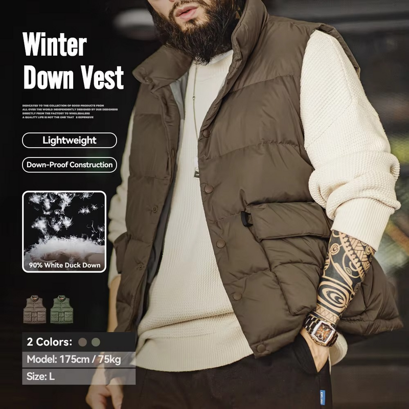 Men's Warm Down Vest with White Duck Down Filling and Stand Collar
