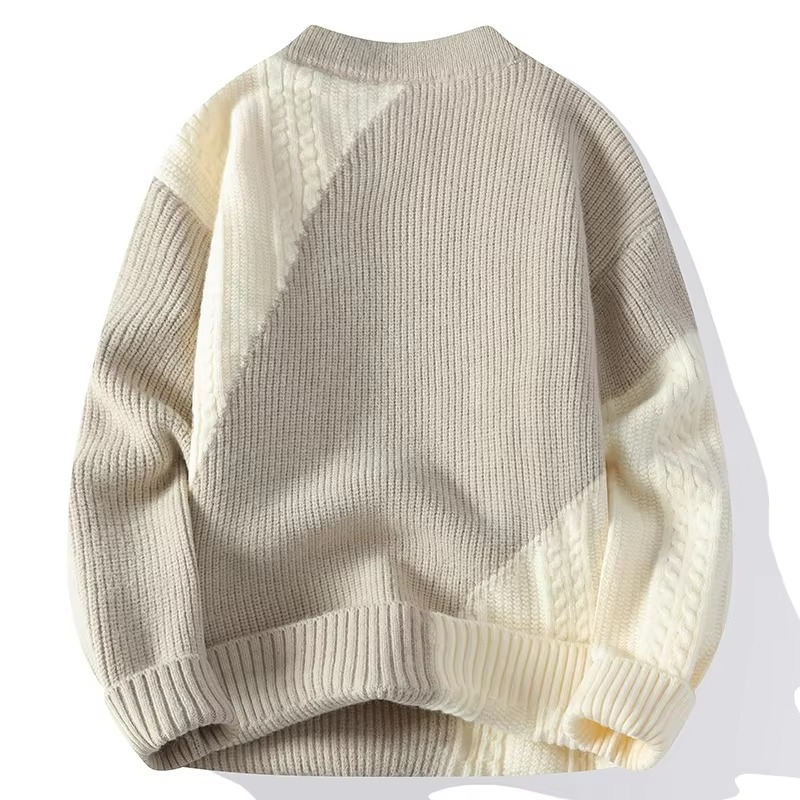 Men's Autumn Winter Patchwork Knit Sweater O Neck Casual Pullover