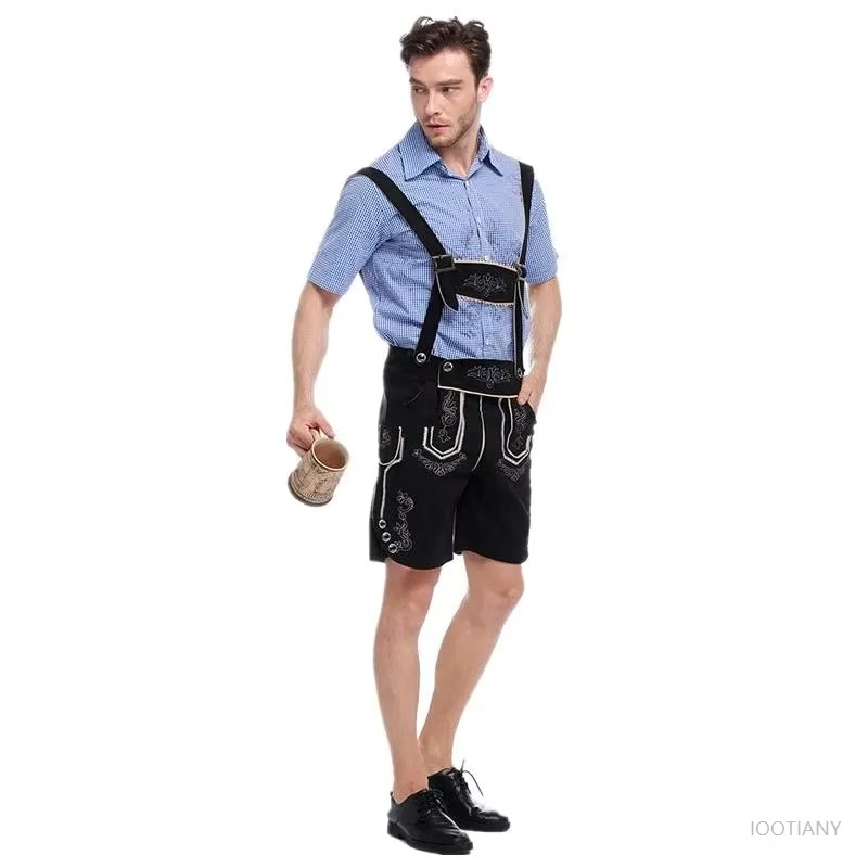 Traditional Bavarian Oktoberfest Men's Leather Pants with Suspenders Costume