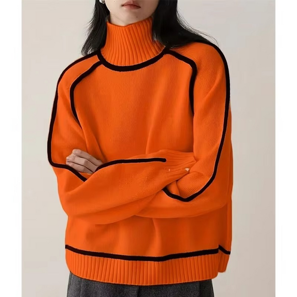 Women’s Striped Turtleneck Knit Sweater – Loose Fit Long Sleeve Pullover