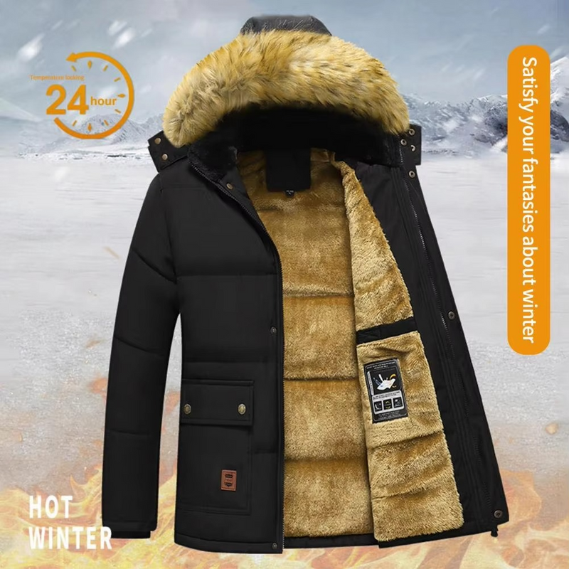 Men’s Fleece-Lined Winter Parka Coat with Fur Hood, Sizes up to 5XL