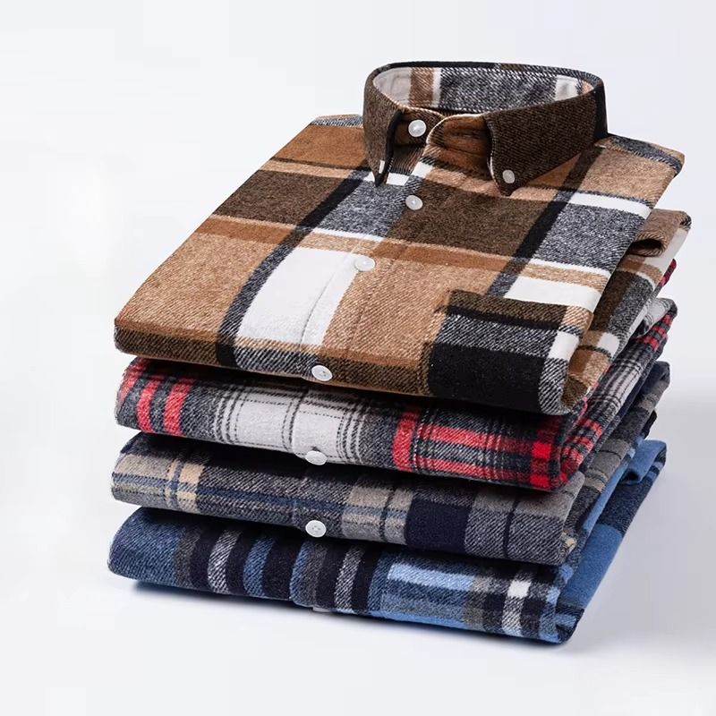 Men's Plus Size 7XL 100% Cotton Plaid Long Sleeve Shirt with Single Chest Pocket
