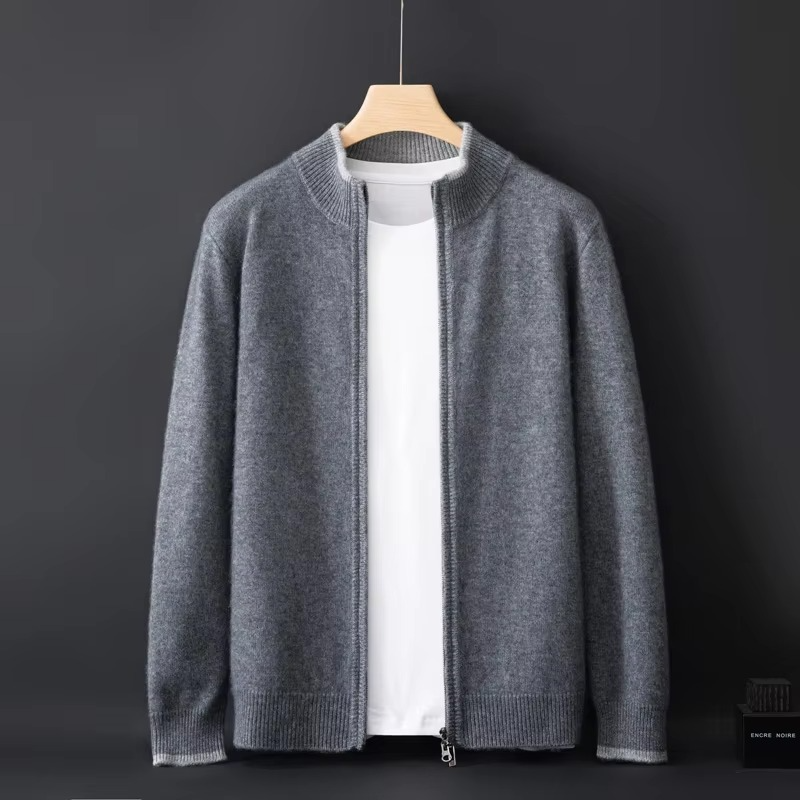 Men’s Pure Cashmere Zip Cardigan Sweater – Loose Fit Casual Knit Jacket