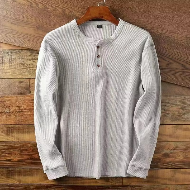 Slim Fit Men’s Henley Waffle Long Sleeve Cotton Tee