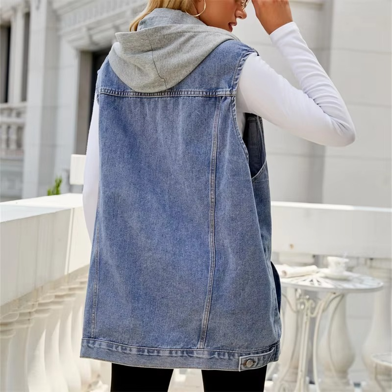 Women’s Denim Vest with Detachable Hood, Single-Breasted Sleeveless Cardigan Jacket