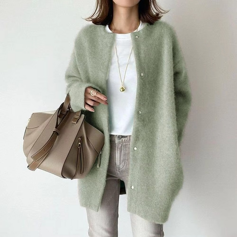 Soft Mink Velvet Knitted Cardigan Coat for Women, Mid Length A Line Sweater