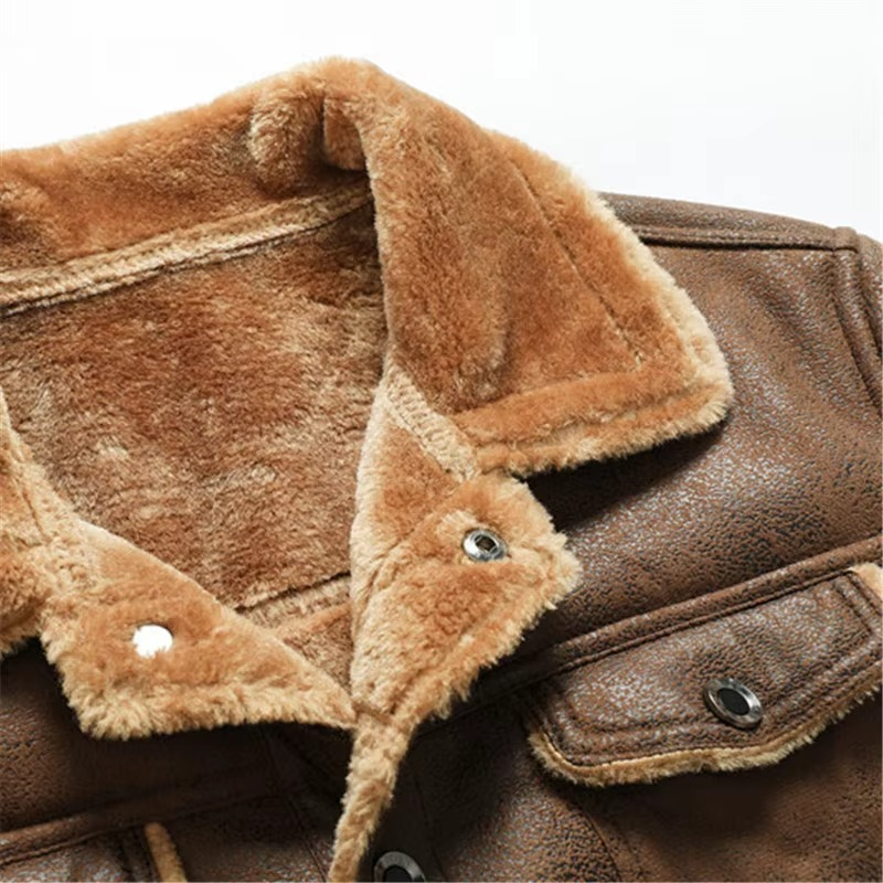 Men's Suede Leather Winter Coat with Thick Fleece Lining and Turn Down Collar
