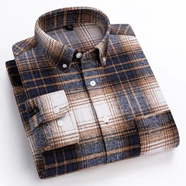 Men's Plus Size 7XL 100% Cotton Plaid Long Sleeve Shirt with Single Chest Pocket