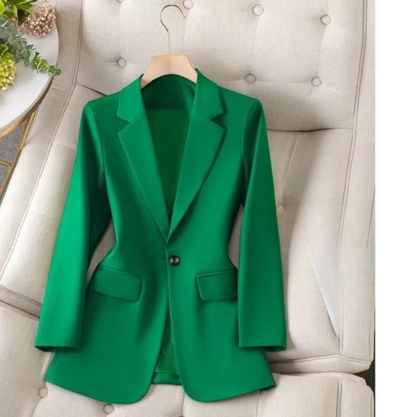 Women’s Green Single Button Blazer – Formal Office Coat with Long Sleeves