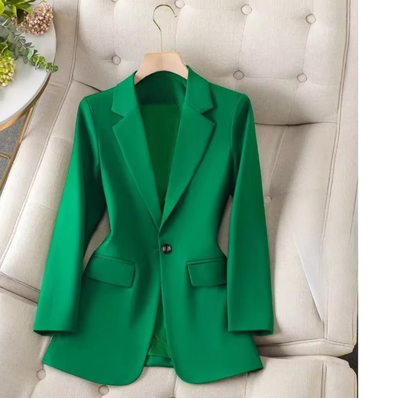Women’s Green Single Button Blazer – Formal Office Coat with Long Sleeves
