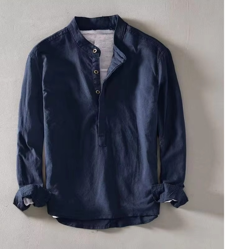 Men's Summer Linen Stand Collar Long Sleeve Casual Shirt, 55% Linen Blend