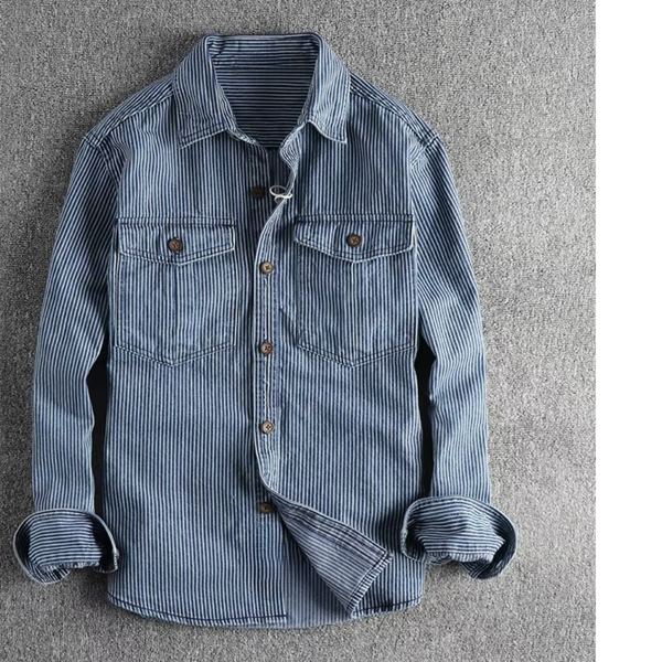 Vintage Washed Striped Denim Cargo Shirt for Men