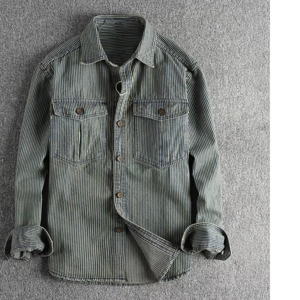 Vintage Washed Striped Denim Cargo Shirt for Men