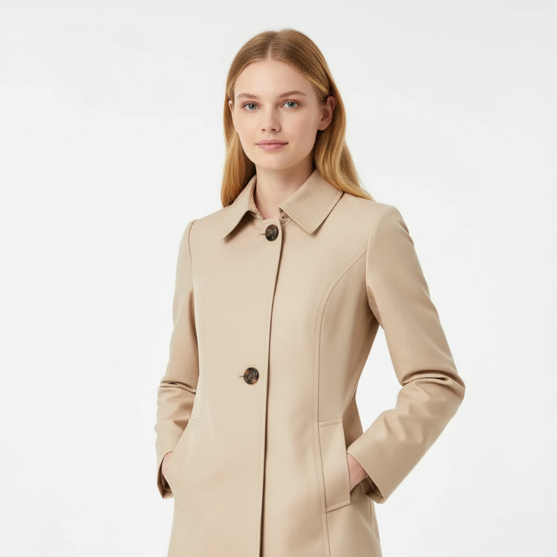 Elegant Mid-Length Trench Coat for Women, Slim Fit Single-Breasted Jacket with Turn-Down Collar