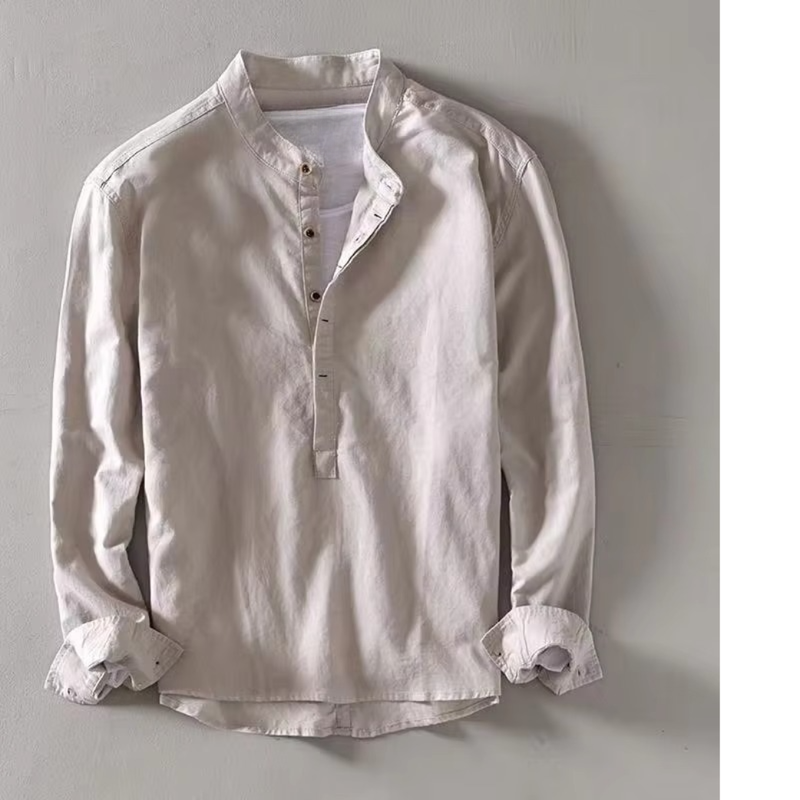 Men's Summer Linen Stand Collar Long Sleeve Casual Shirt, 55% Linen Blend