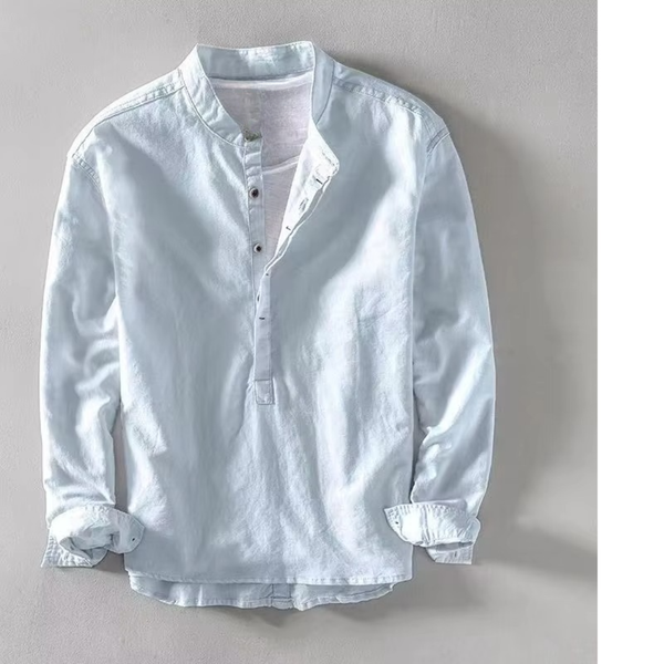 Men's Summer Linen Stand Collar Long Sleeve Casual Shirt, 55% Linen Blend