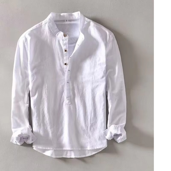 Men's Summer Linen Stand Collar Long Sleeve Casual Shirt, 55% Linen Blend