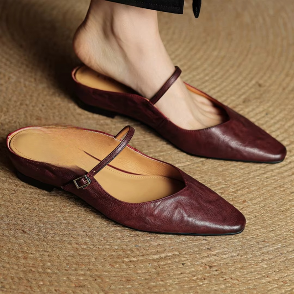 Women's Cow Leather Pointed Toe Mary Jane Slip-On Wedge Flats