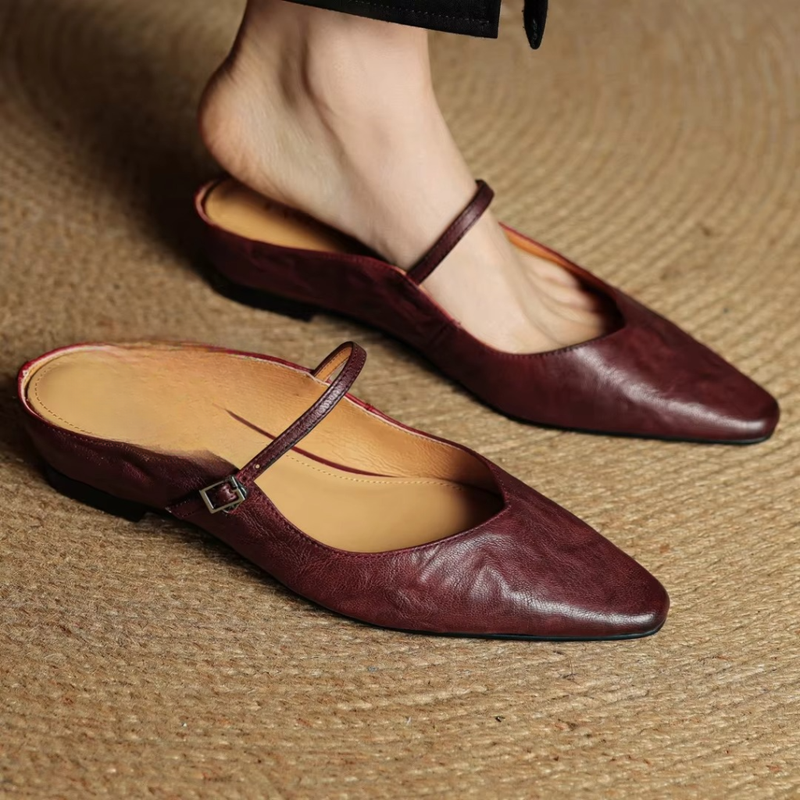 Women's Cow Leather Pointed Toe Mary Jane Slip-On Wedge Flats