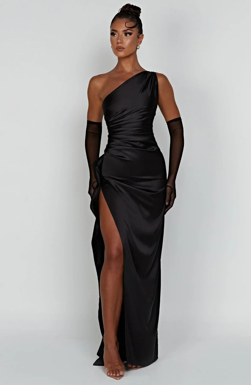 Amaris - One Shoulder Pleated Split Satin Dress