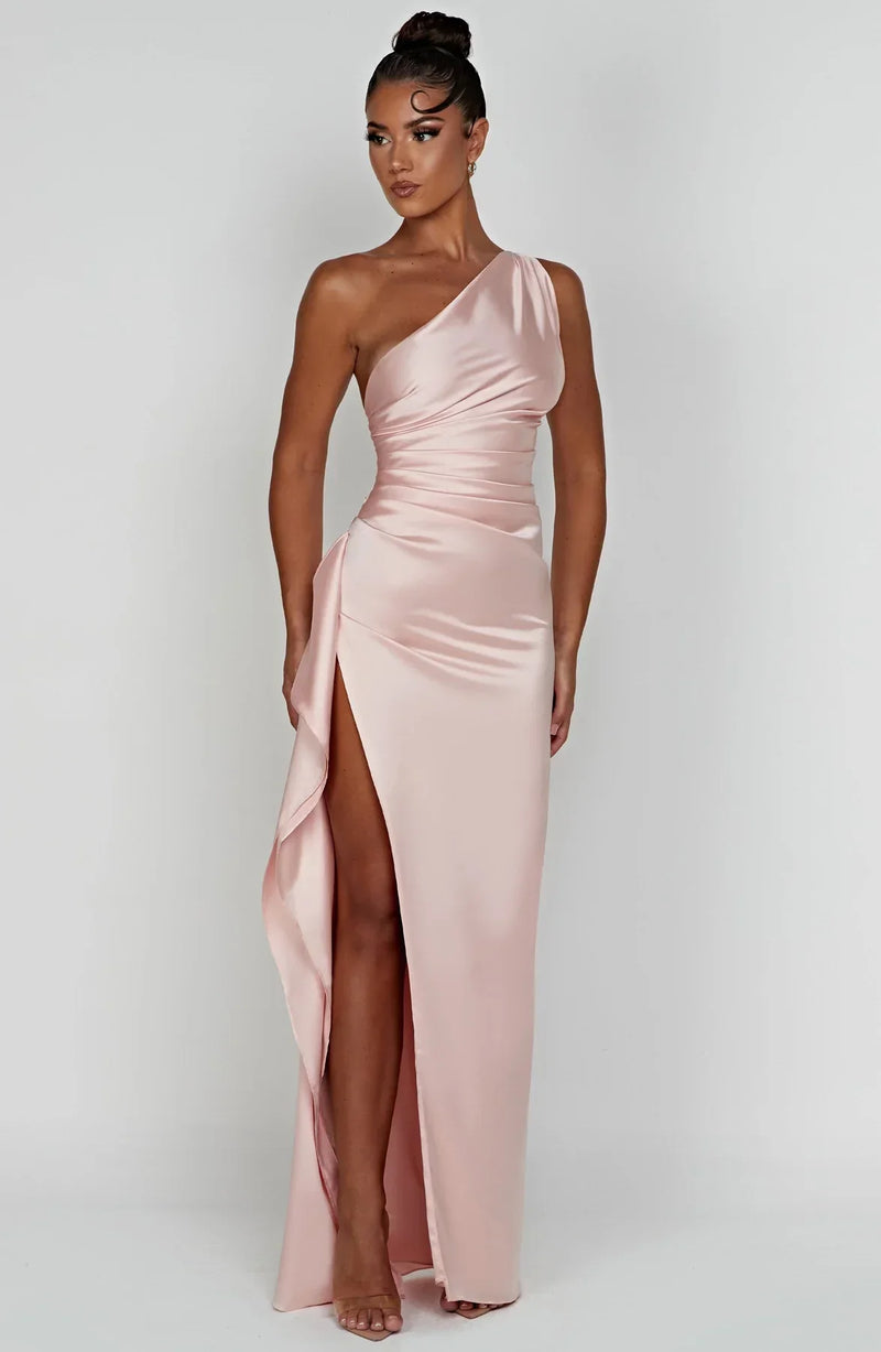 Amaris - One Shoulder Pleated Split Satin Dress