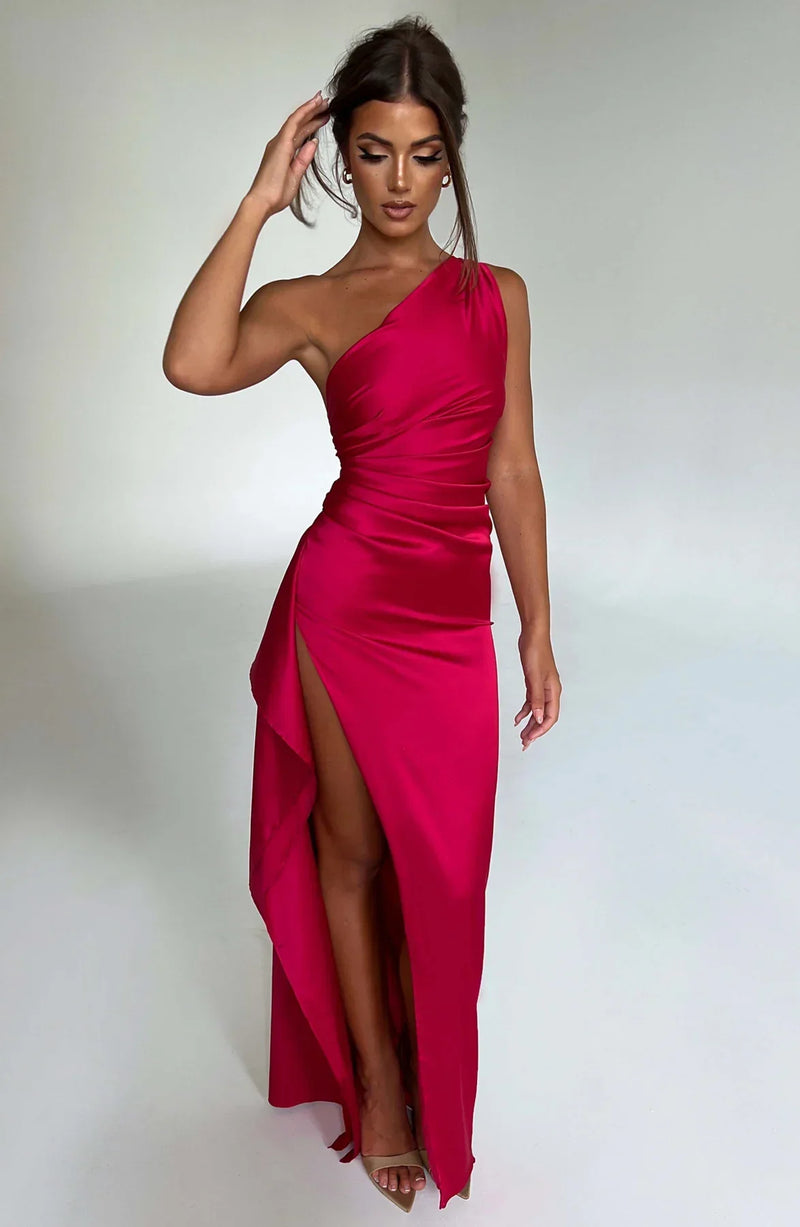 Amaris - One Shoulder Pleated Split Satin Dress