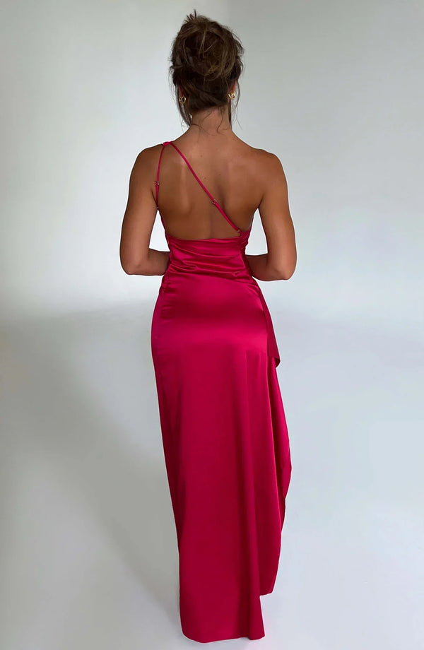 Amaris - One Shoulder Pleated Split Satin Dress