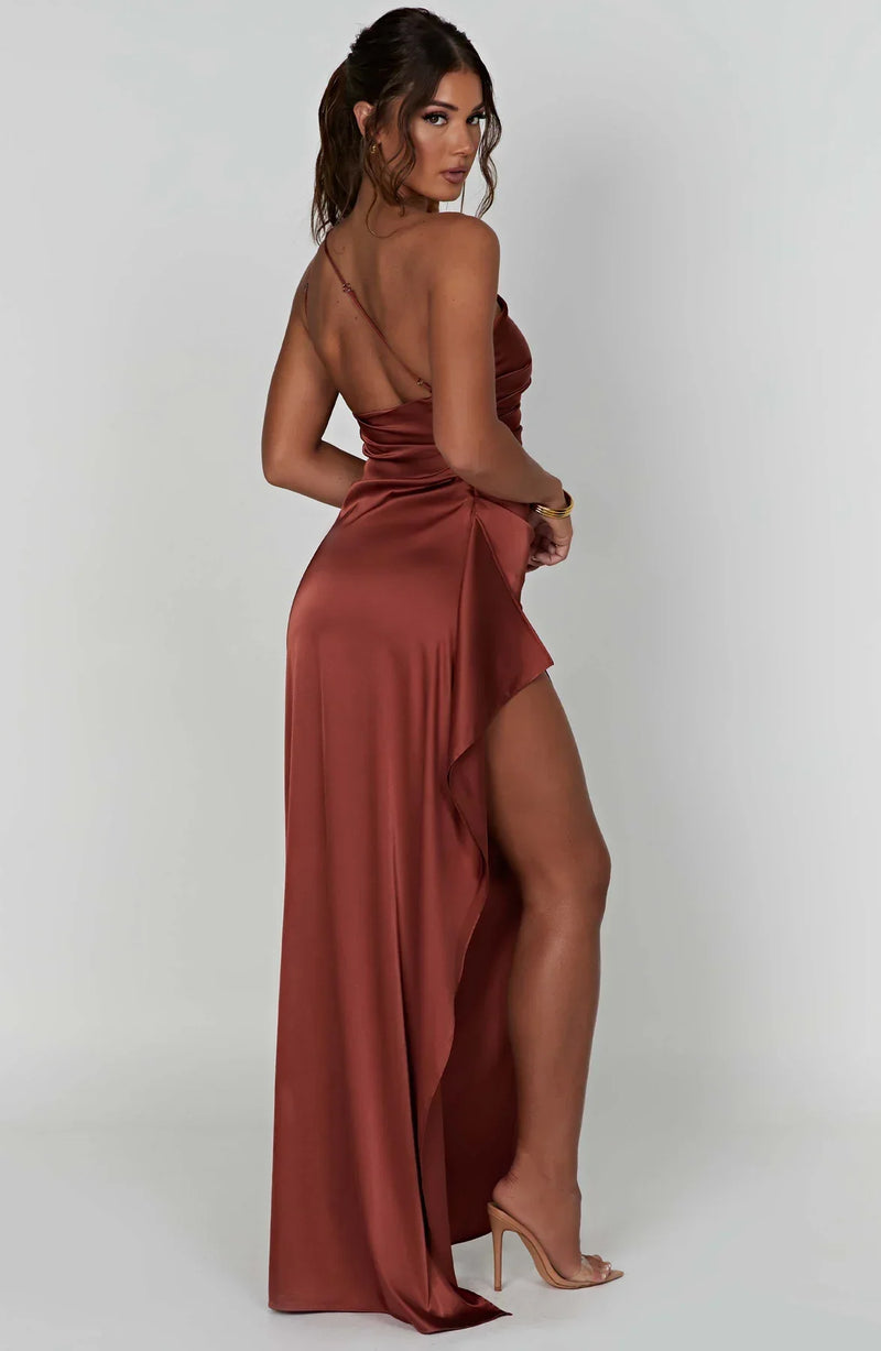 Amaris - One Shoulder Pleated Split Satin Dress