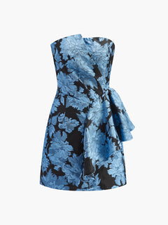 Asymmetrical Strapless Floral Dress