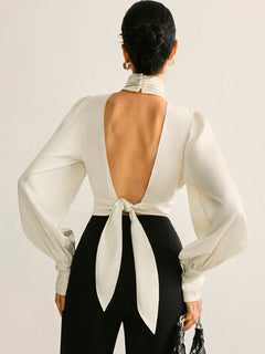 Backless Side Pleated Satin  Blouse