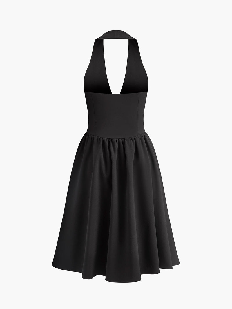 Bow-Decor Cutout Pleated Halter Short Dress