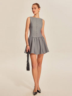 Button Front Pleated Sleeveless Dress