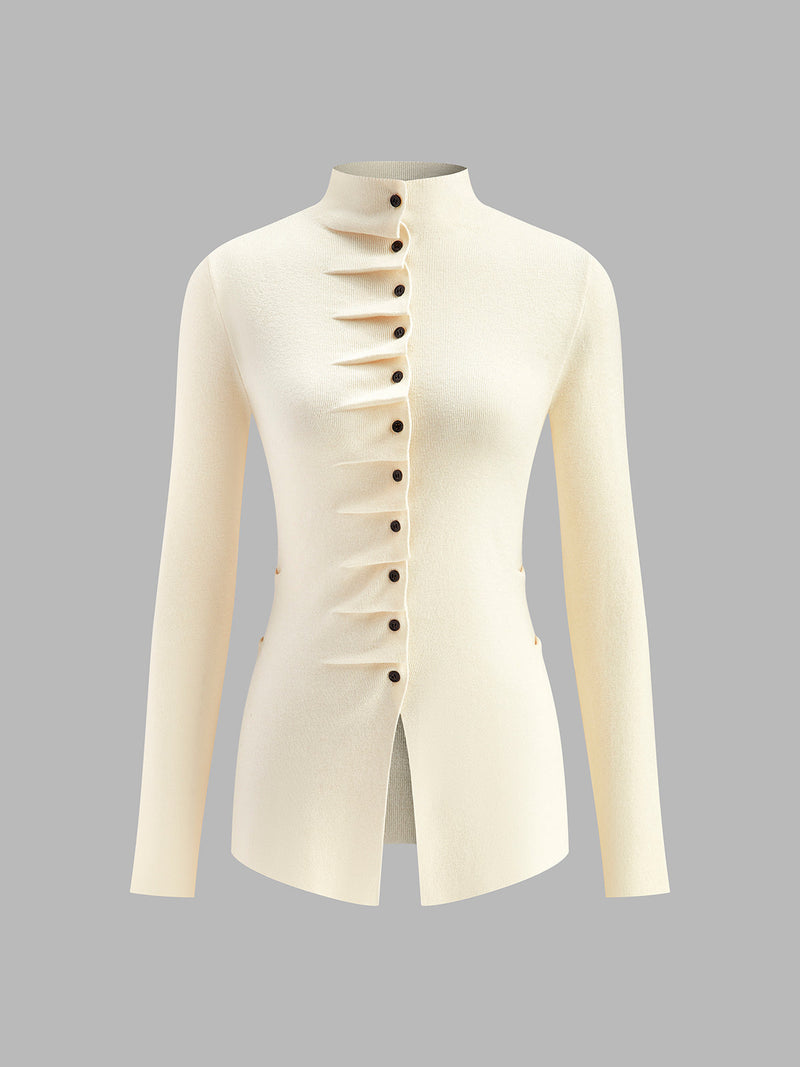 Button Pleated Split Knit Top