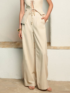Cotton & Linen Pearl-Tie Mid-Waisted  Pants