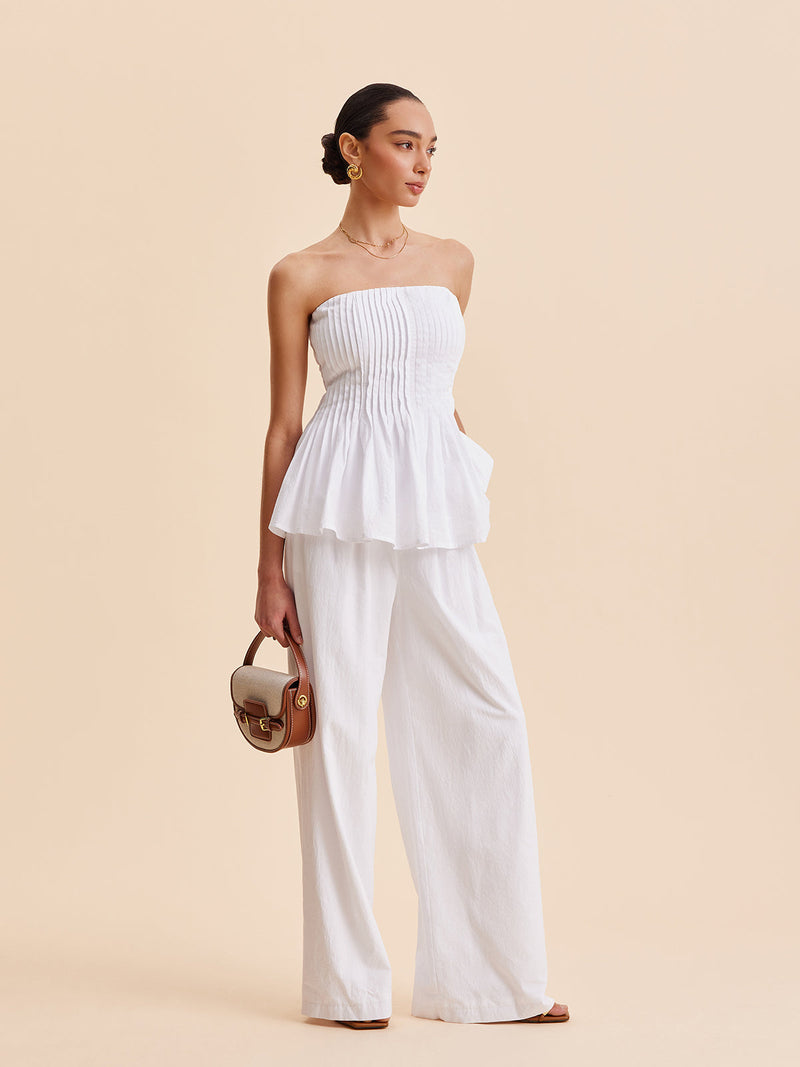Cotton Pleated Strapless Peplum Top