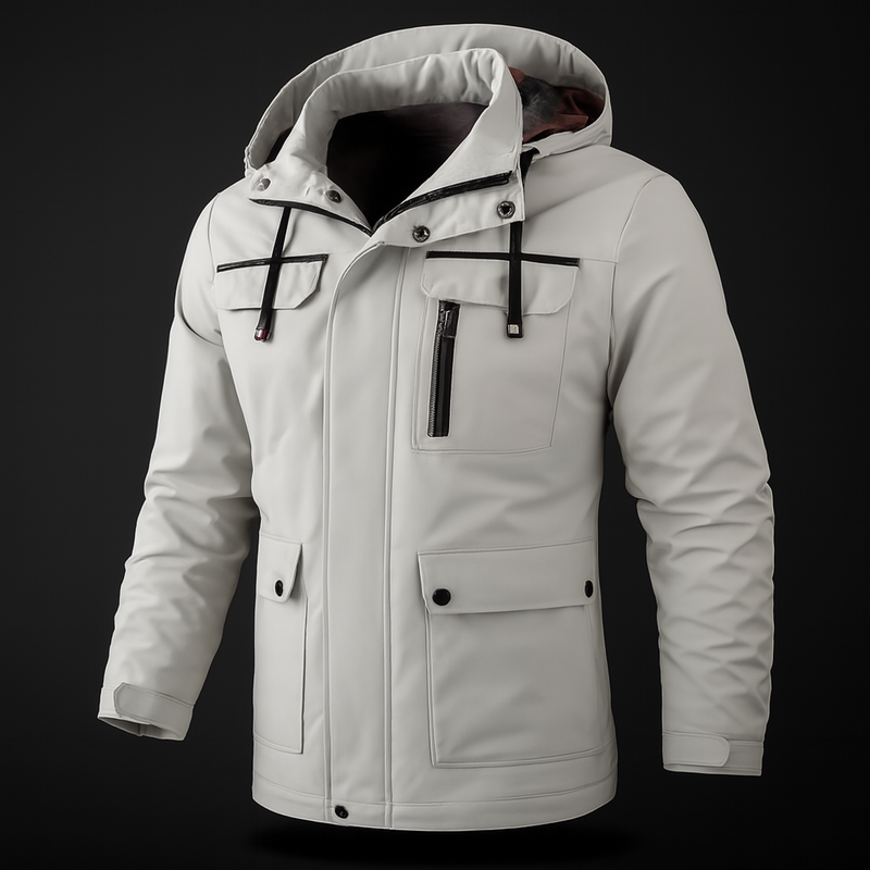 Men's Waterproof Soft Shell Hooded Windbreaker Jacket with Warm Fleece Lining