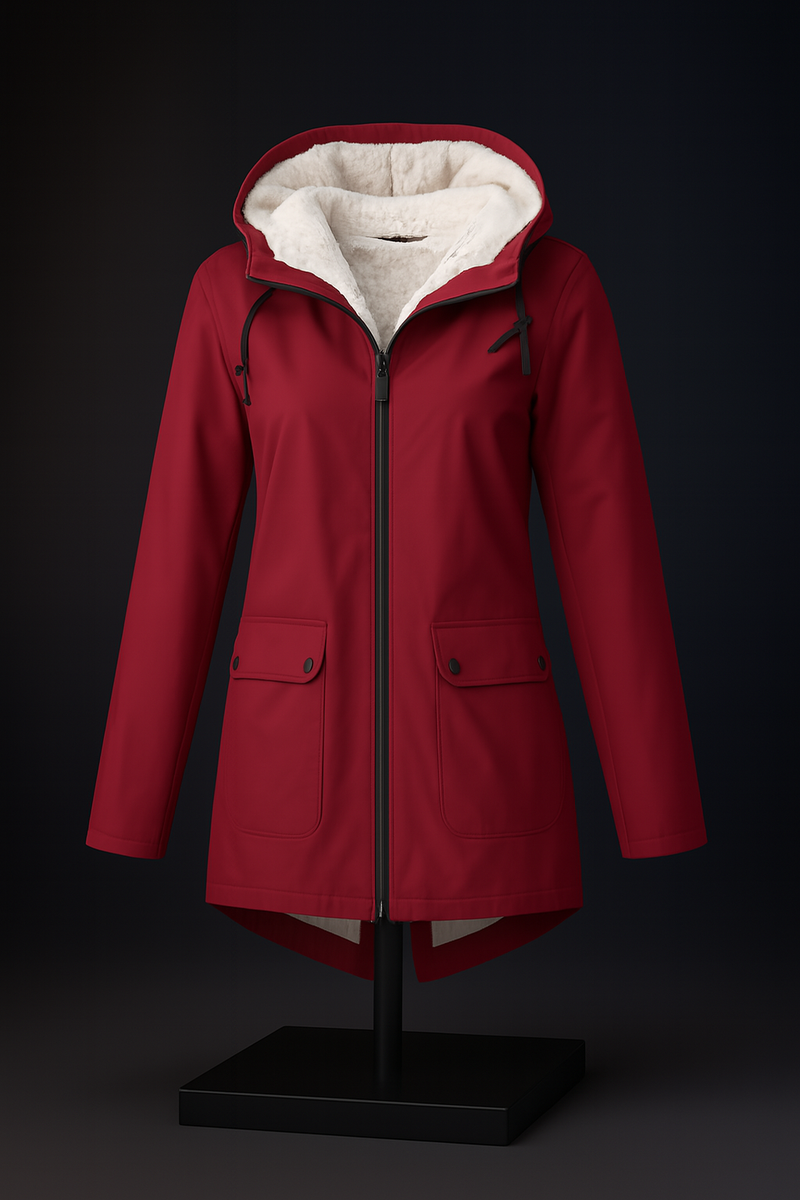 Women's Waterproof Hooded Velvet-Lined Windbreaker Trench Coat for Autumn and Winter