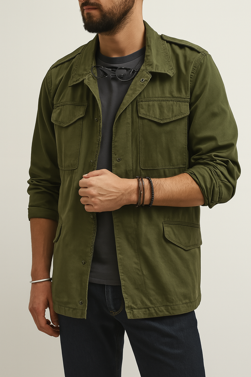 Men’s Vintage M65 Military Field Jacket, Green Army-Inspired Windbreaker with Pockets