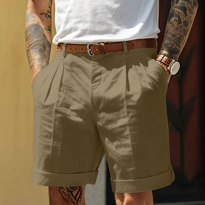 Mens Classic White Pleated Shorts With Cuffed Hem