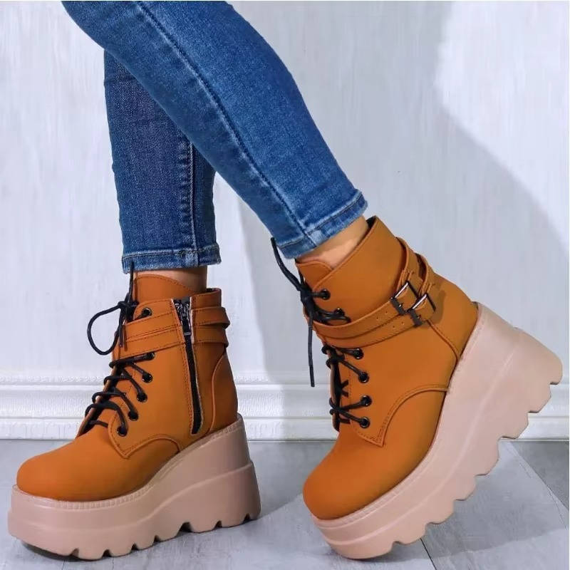 Goth Platform Boots with Chunky Sole Black Lace Up High Heel Combat Boots for Women