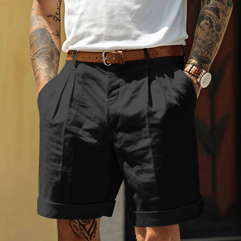 Mens Classic White Pleated Shorts With Cuffed Hem
