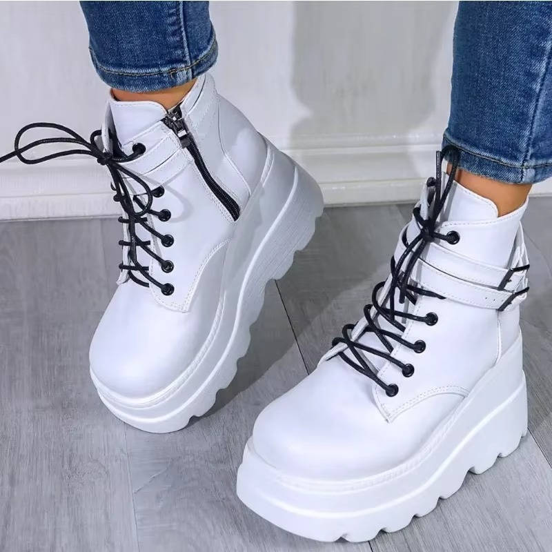 Goth Platform Boots with Chunky Sole Black Lace Up High Heel Combat Boots for Women