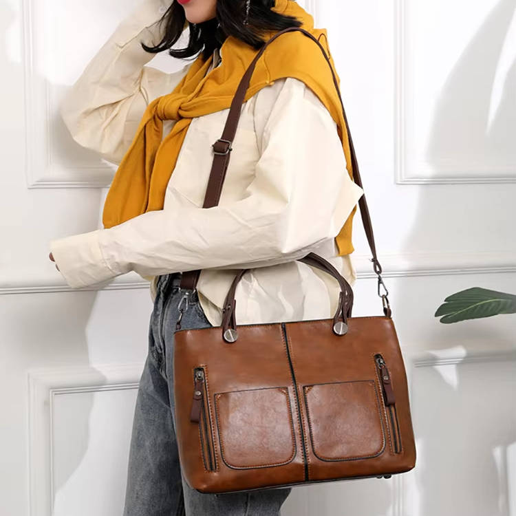 Vintage Style Leather Handbag With Shoulder Strap