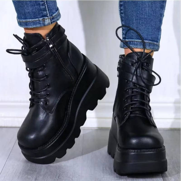 Goth Platform Boots with Chunky Sole Black Lace Up High Heel Combat Boots for Women