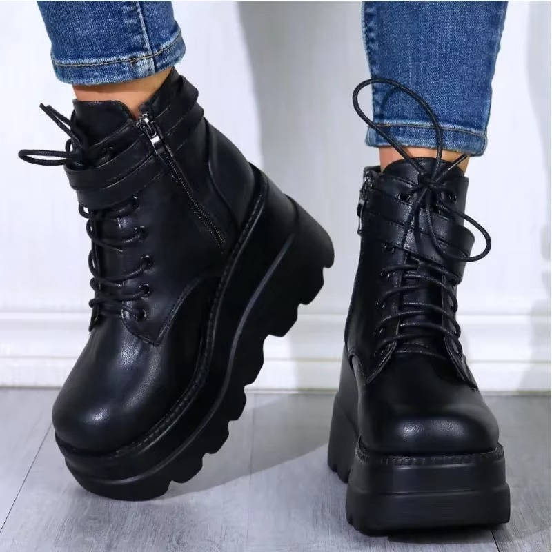 Goth Platform Boots with Chunky Sole Black Lace Up High Heel Combat Boots for Women