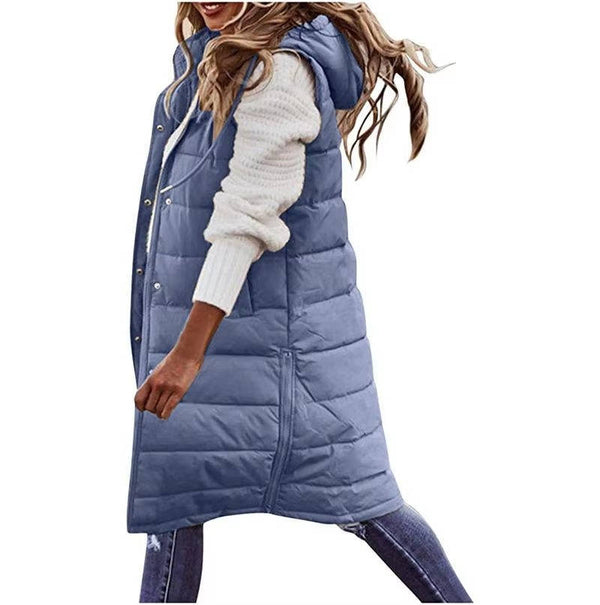 Long Hooded Sleeveless Puffer Vest