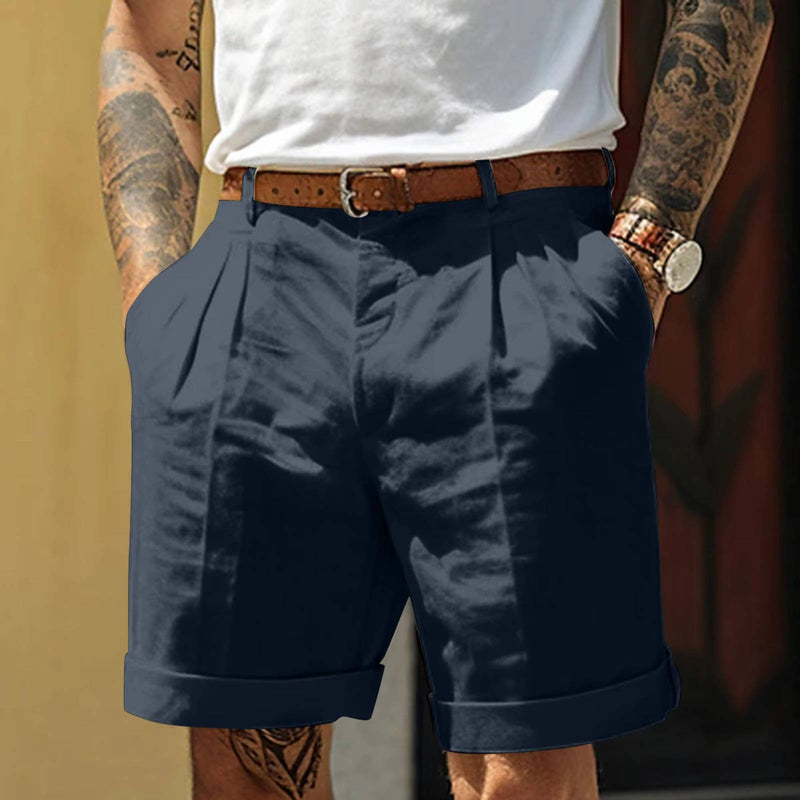 Mens Classic White Pleated Shorts With Cuffed Hem